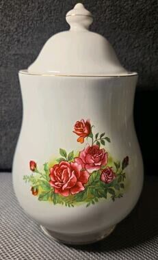 White ceramic lidded jar with hand-painted roses and gold trim 9.5 In